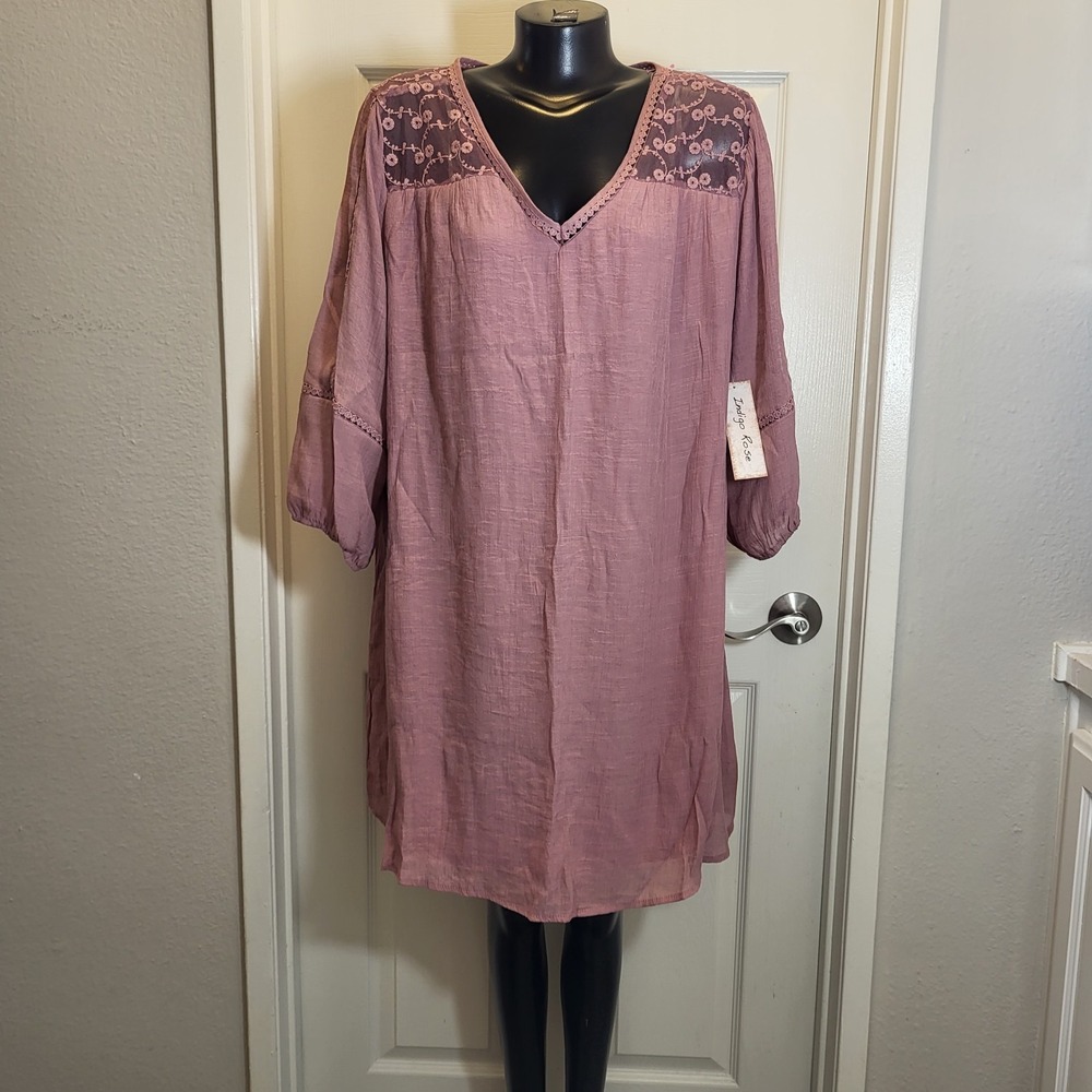 Boho Lace Yoke V-Neck Tunic Dress - Dusty Rose